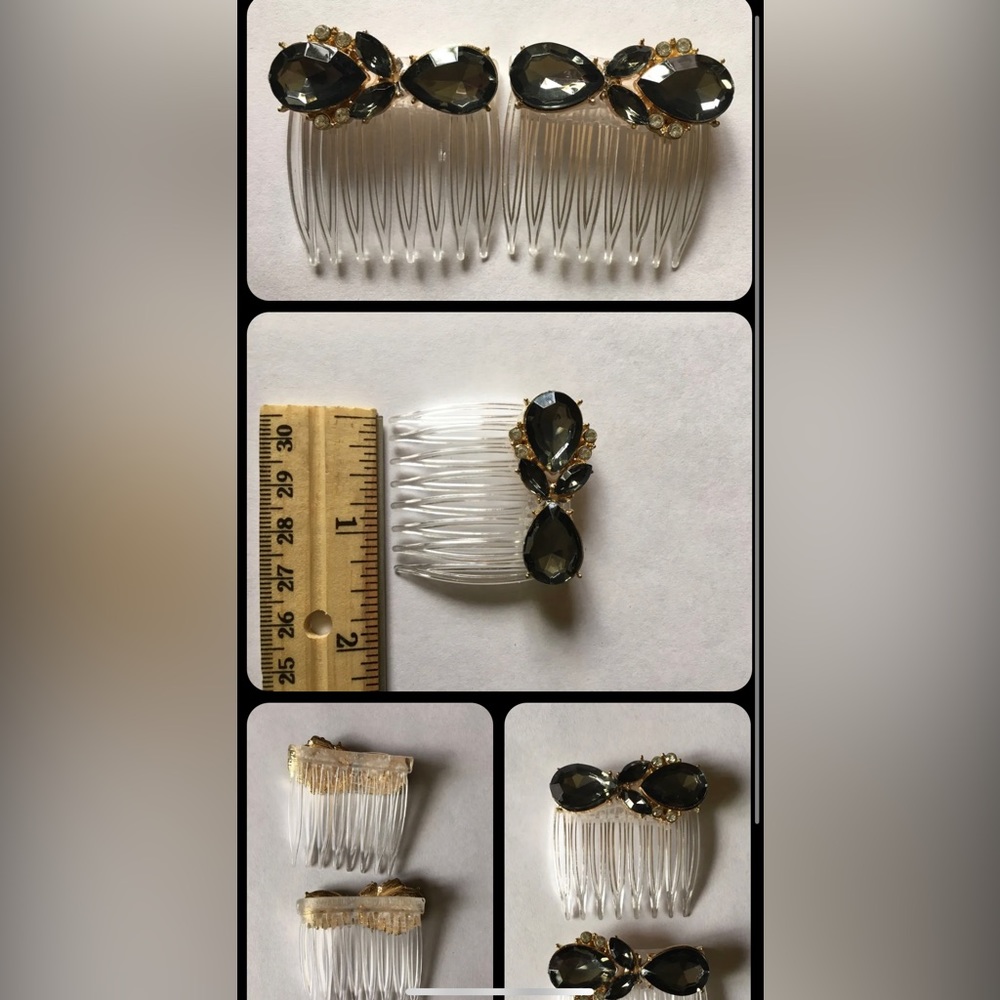 *SET OF 2* Handmade GRAY & CLEAR Stones JEWELED STATEMENT 1 1/2”CLEAR HAIR COMBS